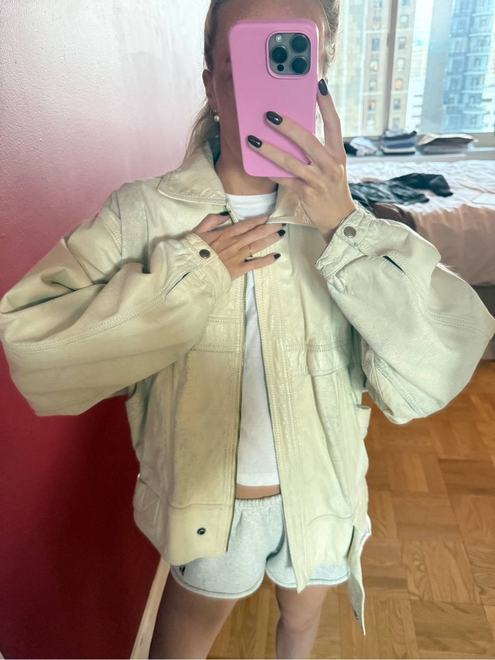 Oversized Cream Leather Jacket - Contemporary Women's Outerwear